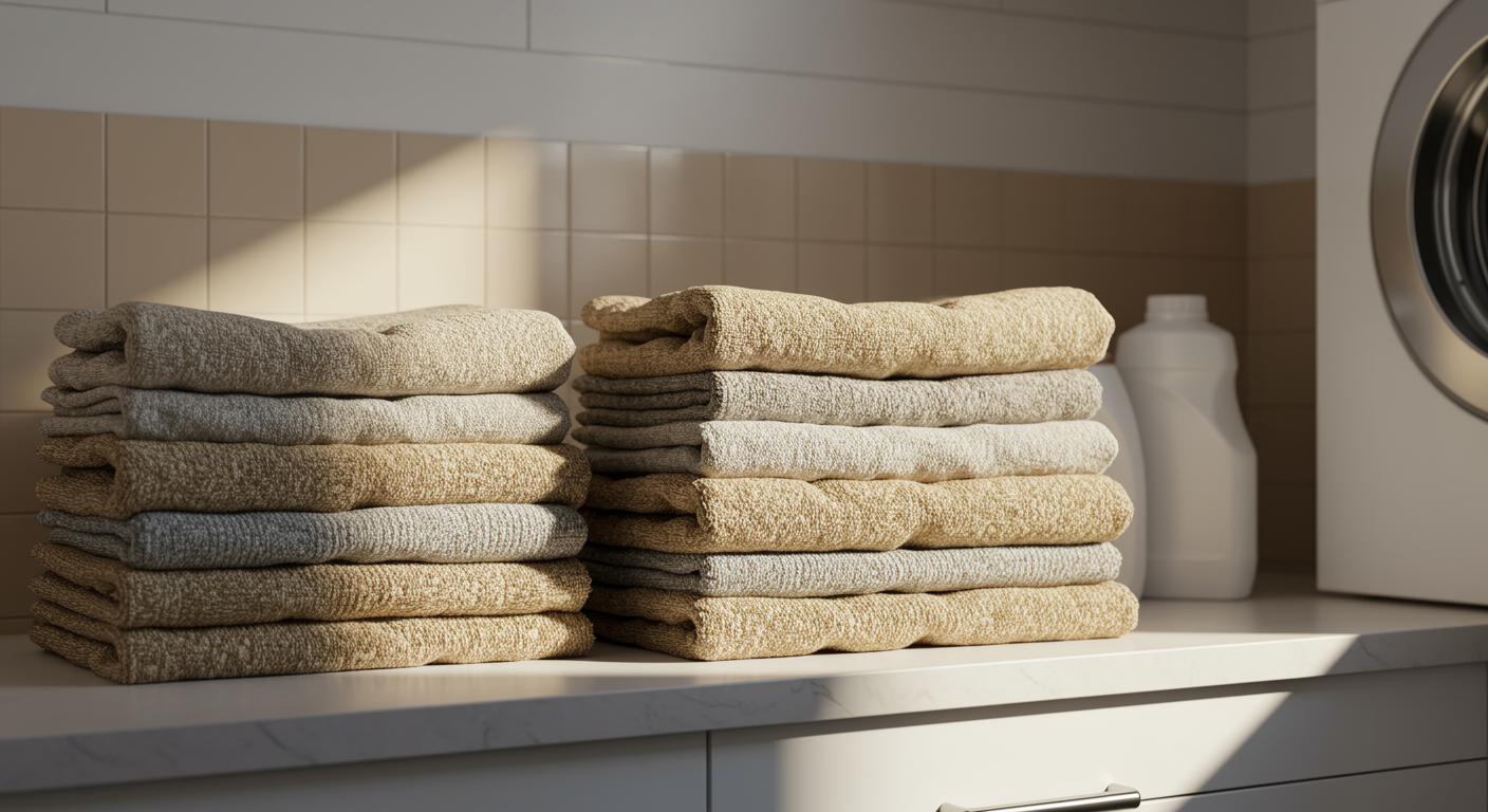 Pristine laundry room with neatly folded towels on a clean counter, highlighting laundry service for residential and commercial cleaning