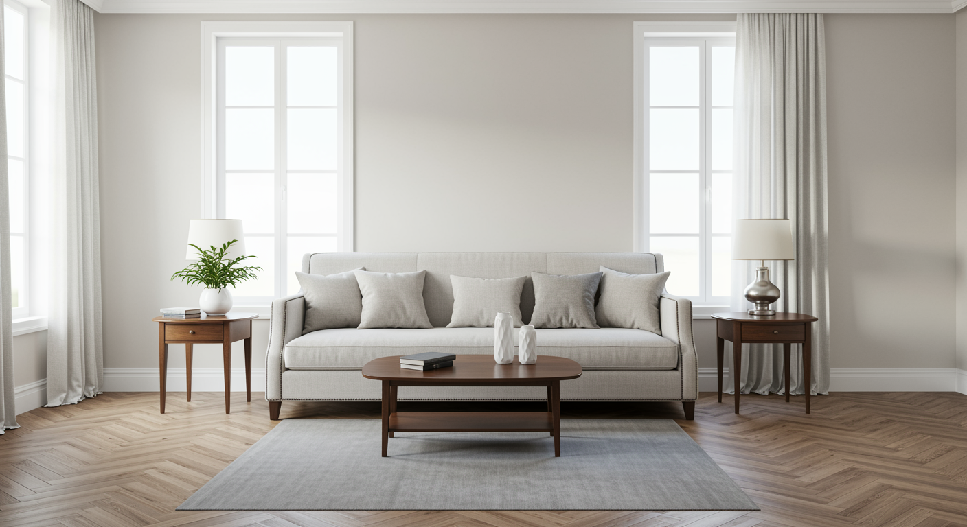 Spotlessly clean and organized living room with gleaming floors and tidy furnishings, representing professional recurring house cleaning service